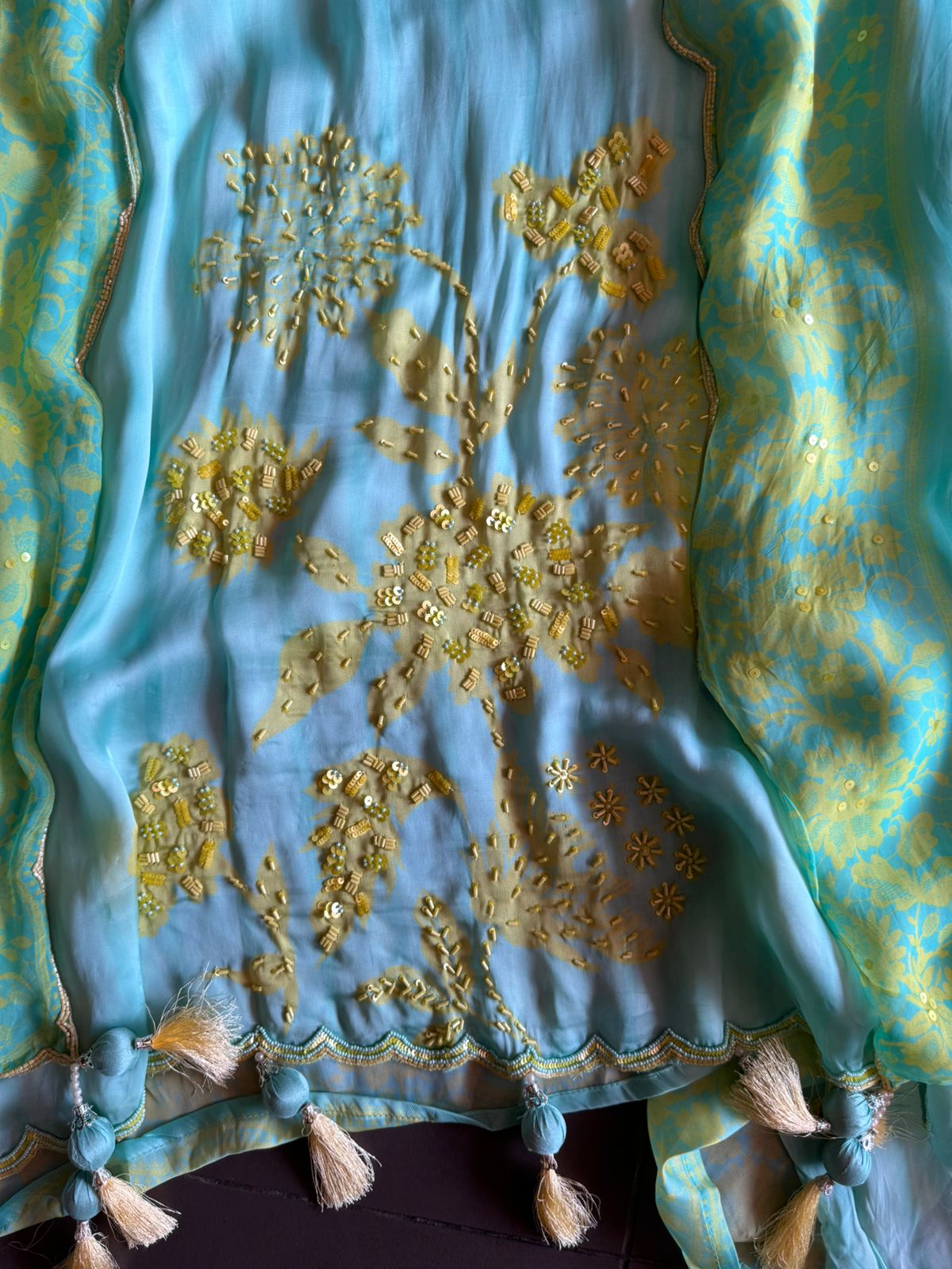 Premium Quality soft organza digital printed suits with handwork detailings on the shirt from and even on the neck Patti.