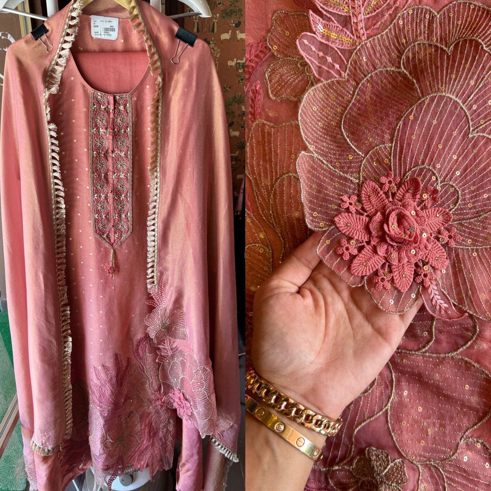 Soft shimmer tissue Unstitched Full size shirt with zari booties overall with a Neck Patti and latkan attached