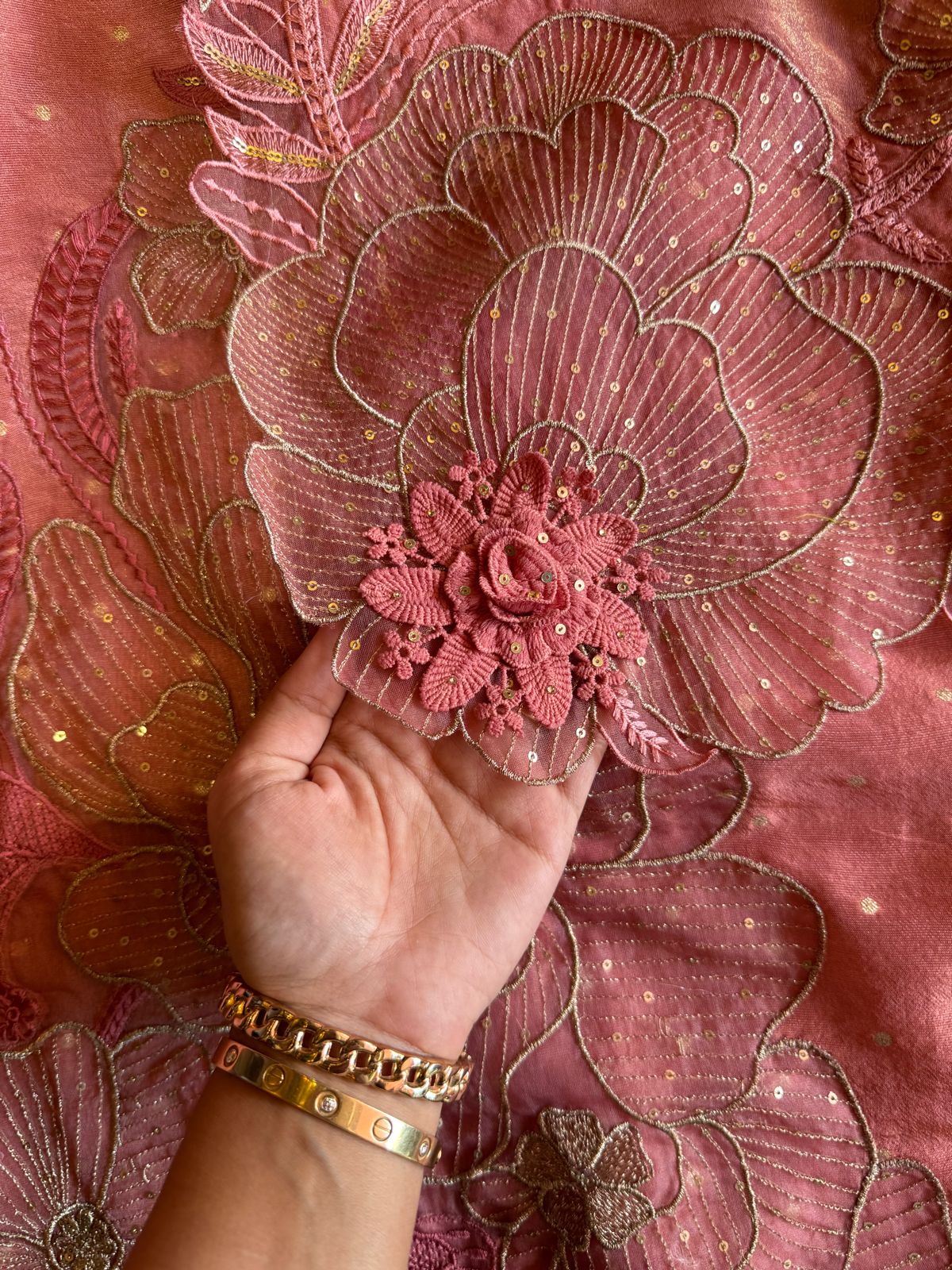 Soft shimmer tissue Unstitched Full size shirt with zari booties overall with a Neck Patti and latkan attached