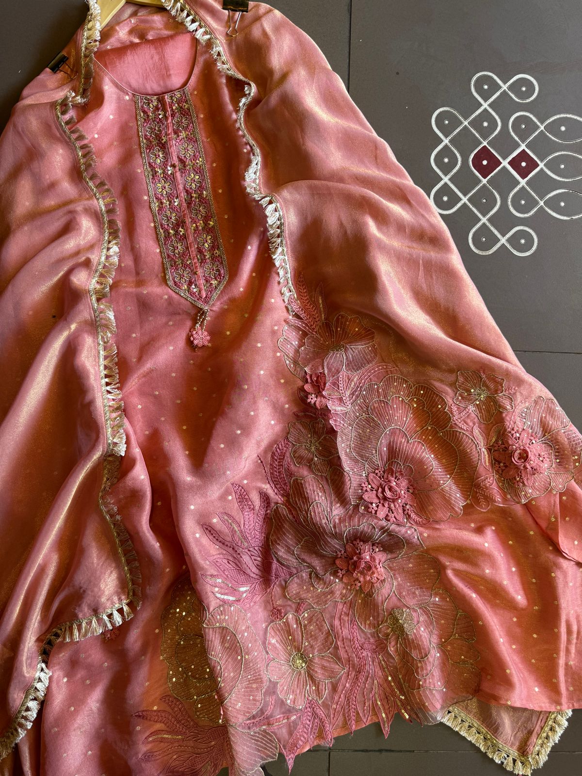 Soft shimmer tissue Unstitched Full size shirt with zari booties overall with a Neck Patti and latkan attached