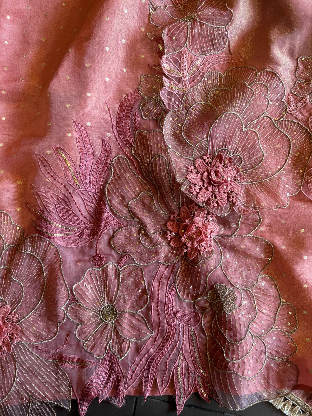 Soft shimmer tissue Unstitched Full size shirt with zari booties overall with a Neck Patti and latkan attached