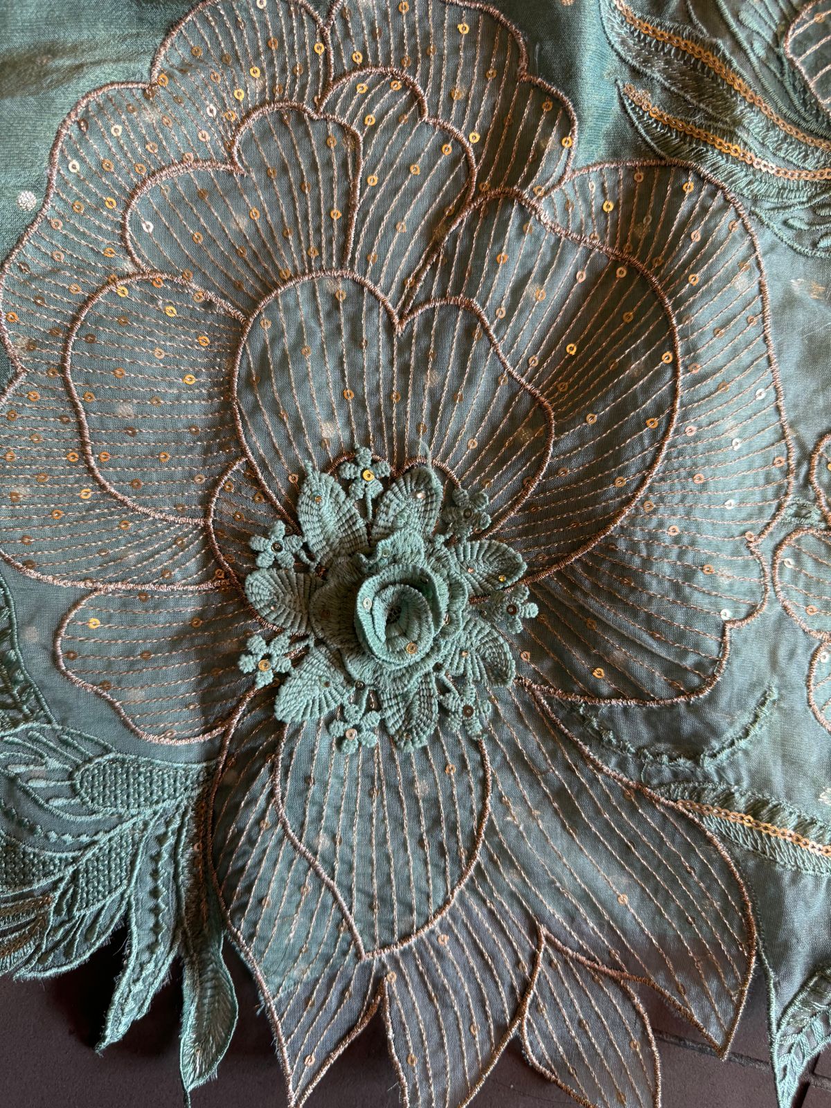 Soft shimmer tissue Unstitched Full size shirt with zari booties overall with a Neck Patti and latkan attached