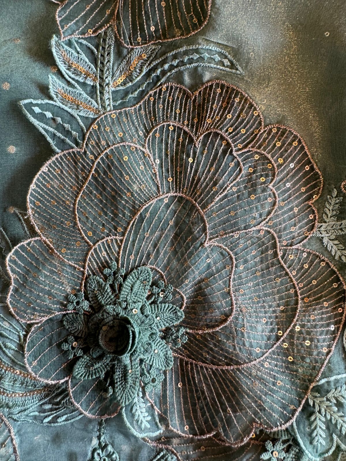 Soft shimmer tissue Unstitched Full size shirt with zari booties overall with a Neck Patti and latkan attached