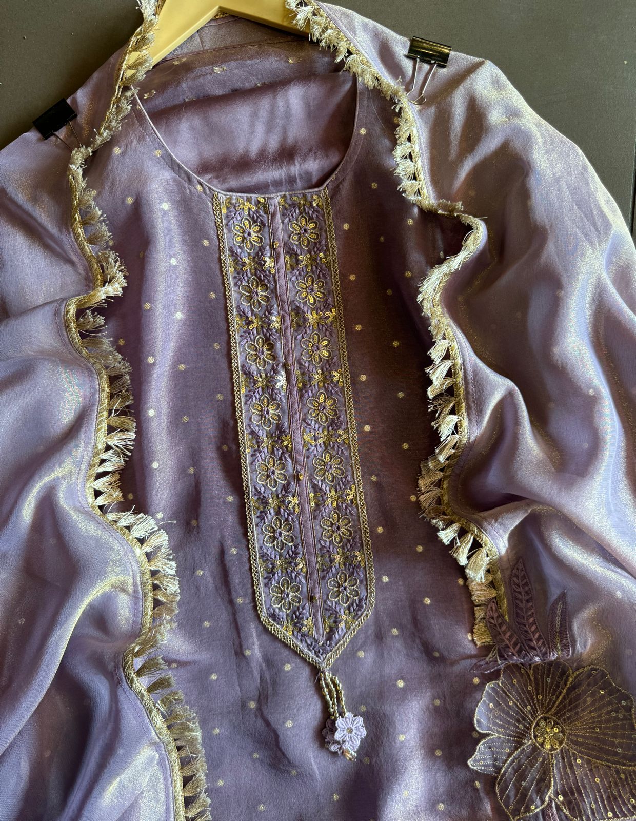 Soft shimmer tissue Unstitched Full size shirt with zari booties overall with a Neck Patti and latkan attached