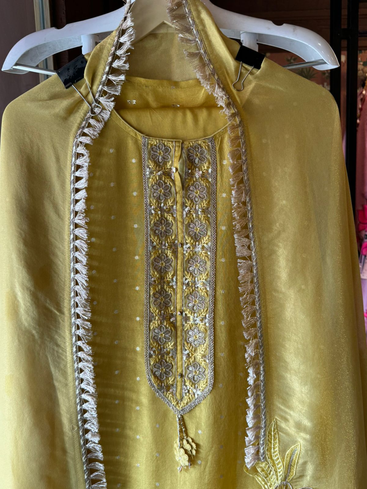 Soft shimmer tissue Unstitched Full size shirt with zari booties overall with a Neck Patti and latkan attached