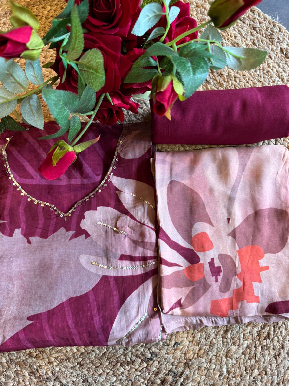 Shop our new Digital printed suit semi stitched with Beautiful Flowery print (With sequence detailings)