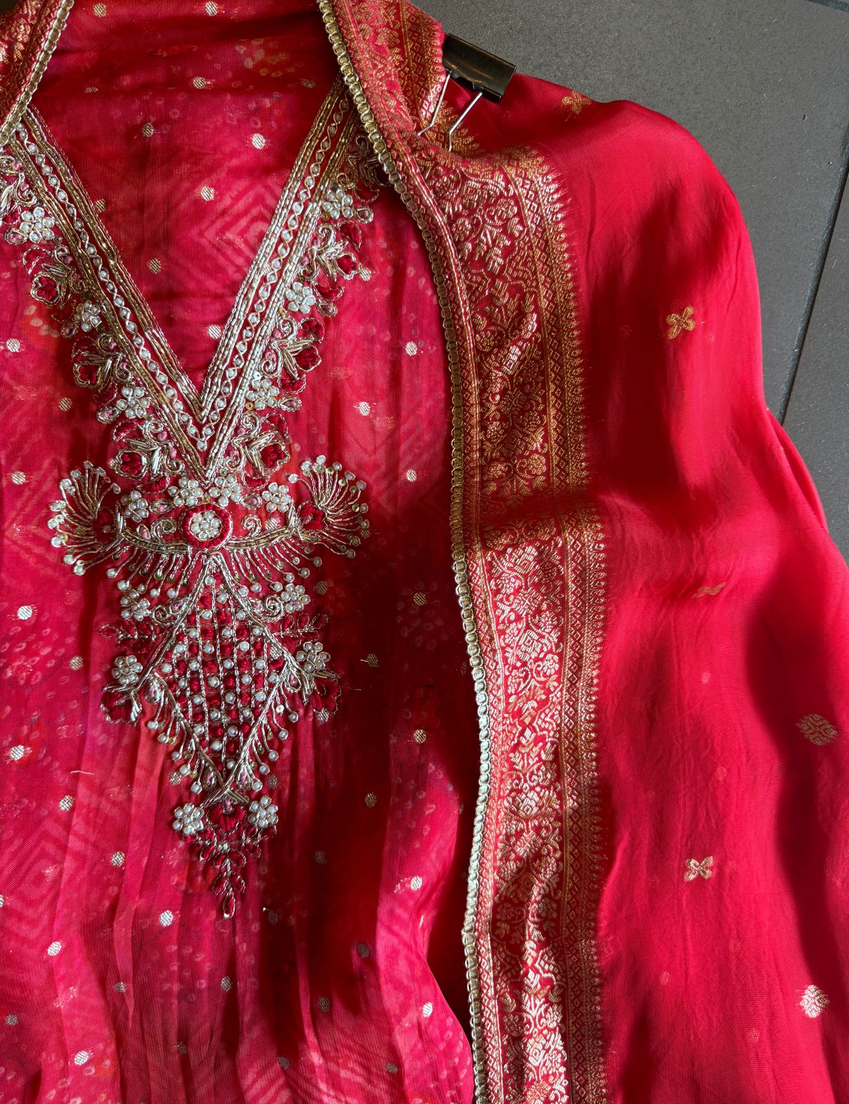 Bandhani printed Shirt with small zari booties overall the shirt