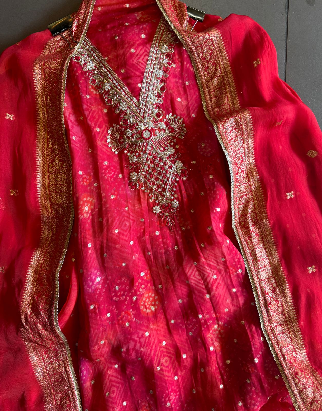 Bandhani printed Shirt with small zari booties overall the shirt