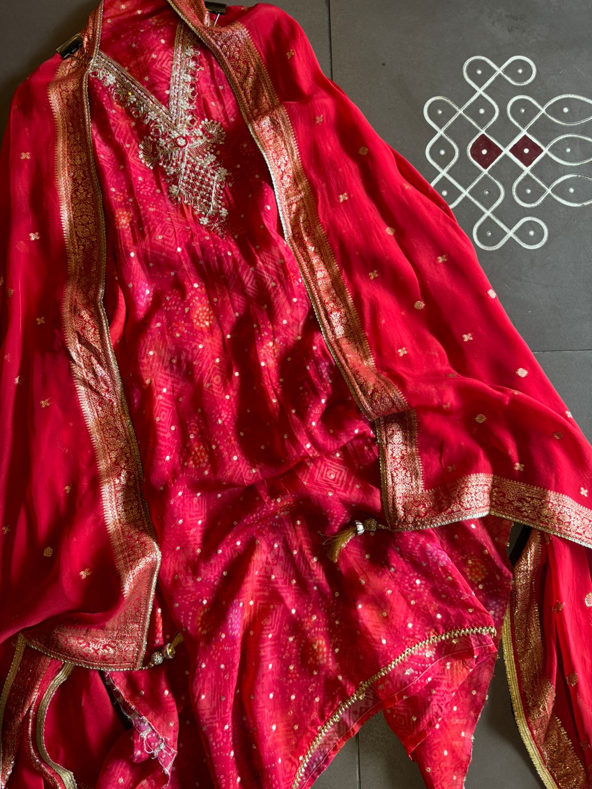 Bandhani printed Shirt with small zari booties overall the shirt