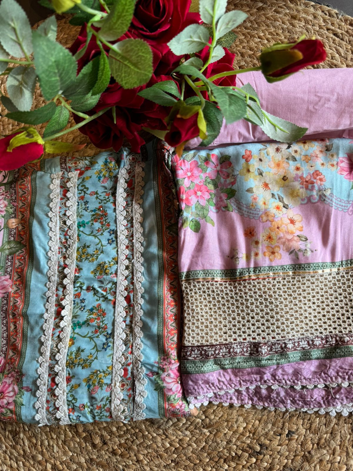 Pure muslin digital Printed shirt with Swarovski highlighting on the shirt front with crochia lace on the sleeves , Dupatta and ghera as well