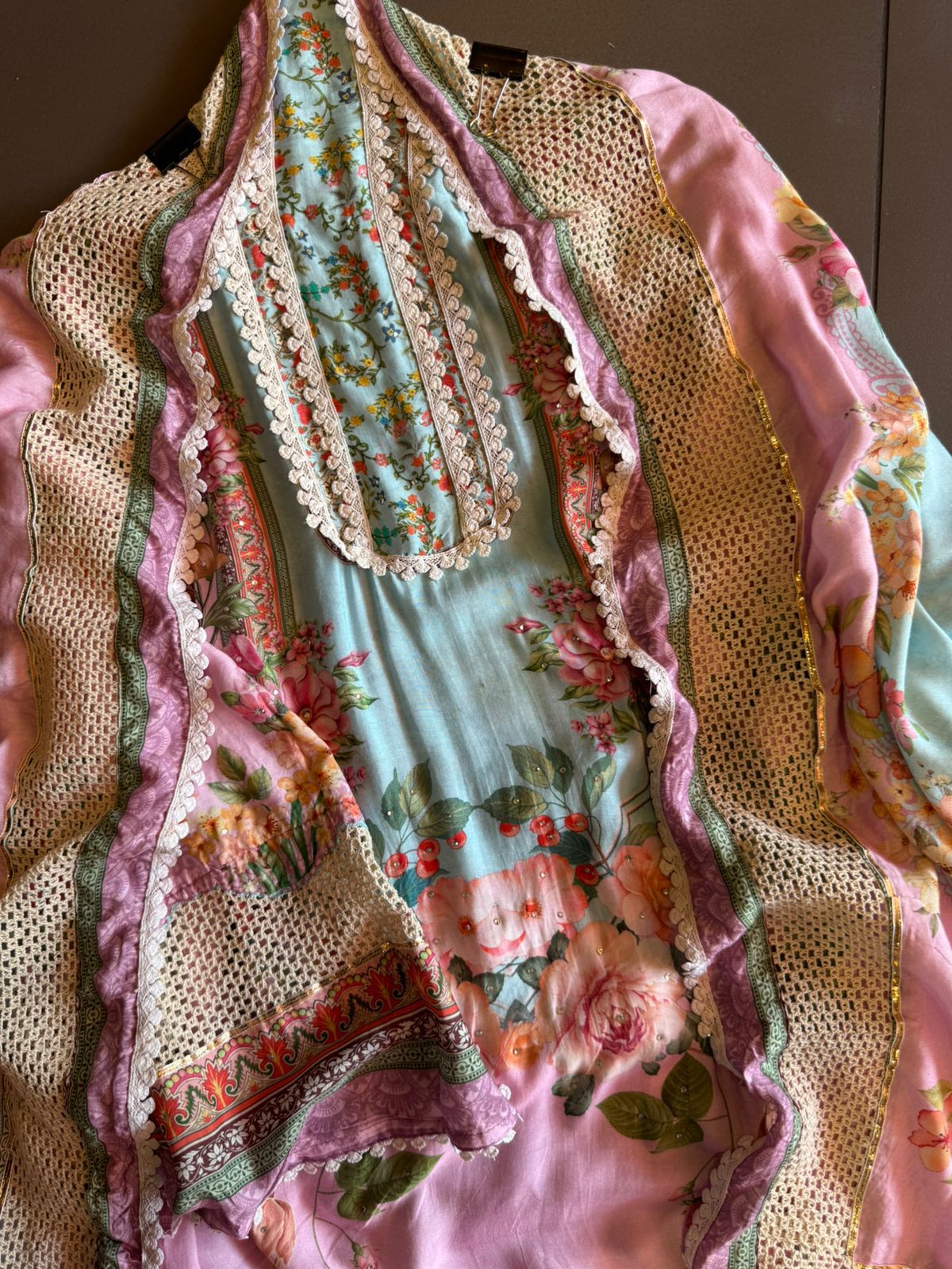 Pure muslin digital Printed shirt with Swarovski highlighting on the shirt front with crochia lace on the sleeves , Dupatta and ghera as well