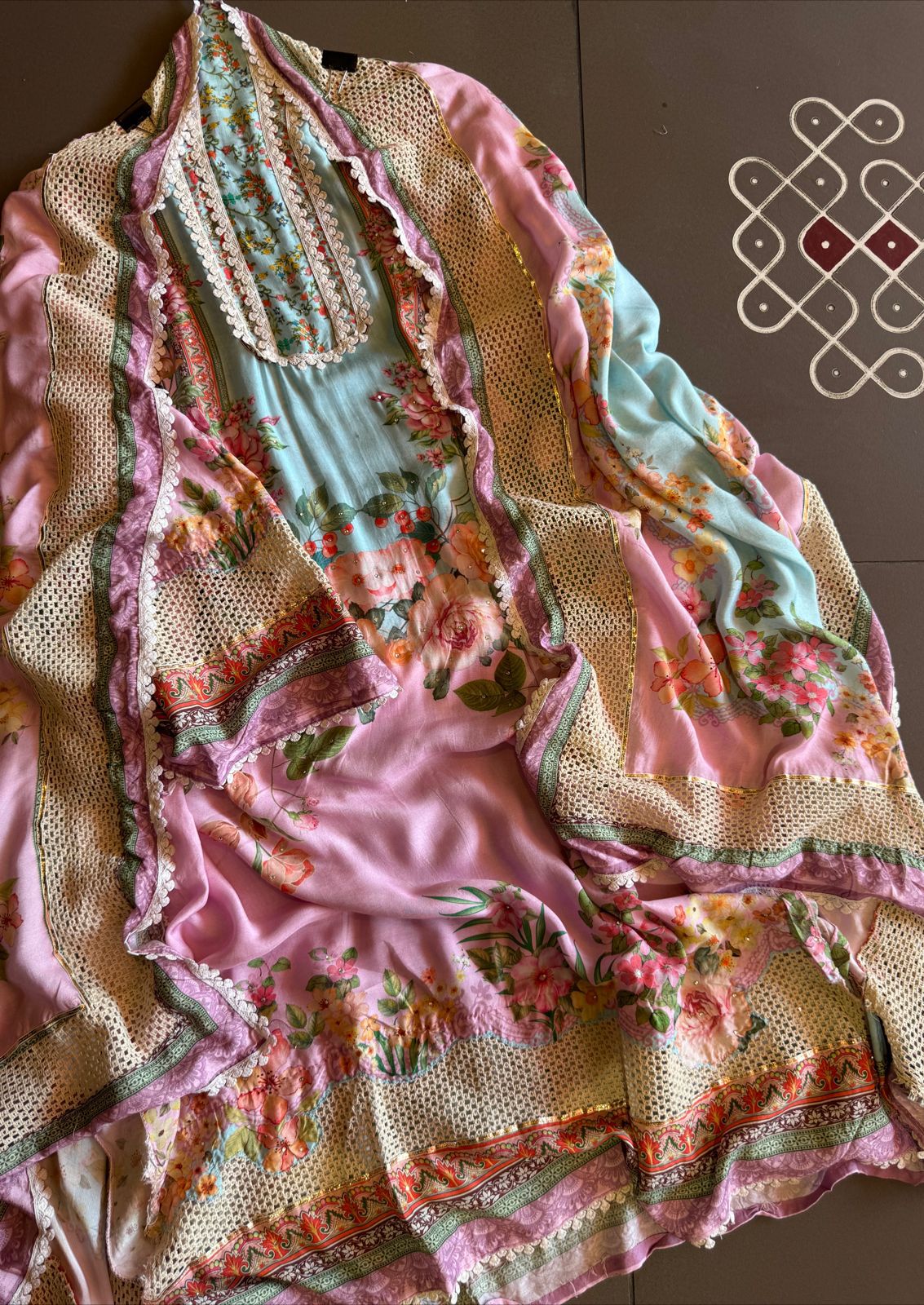 Pure muslin digital Printed shirt with Swarovski highlighting on the shirt front with crochia lace on the sleeves , Dupatta and ghera as well