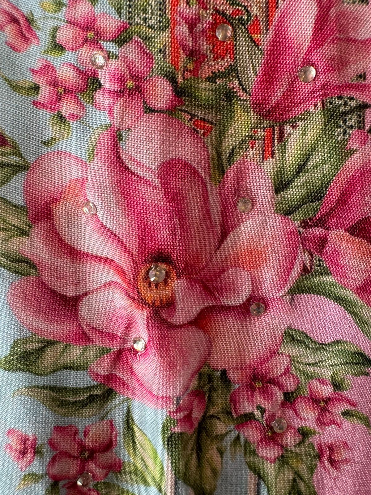 Pure muslin digital Printed shirt with Swarovski highlighting on the shirt front with crochia lace on the sleeves , Dupatta and ghera as well