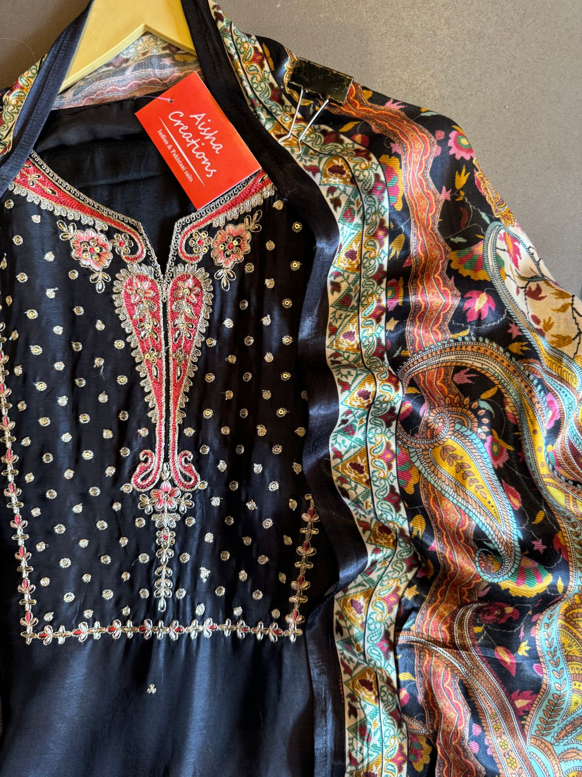 Pure Russian Silk Unstitched Shirt with very pretty Neckwork (Made with zari and dori work)