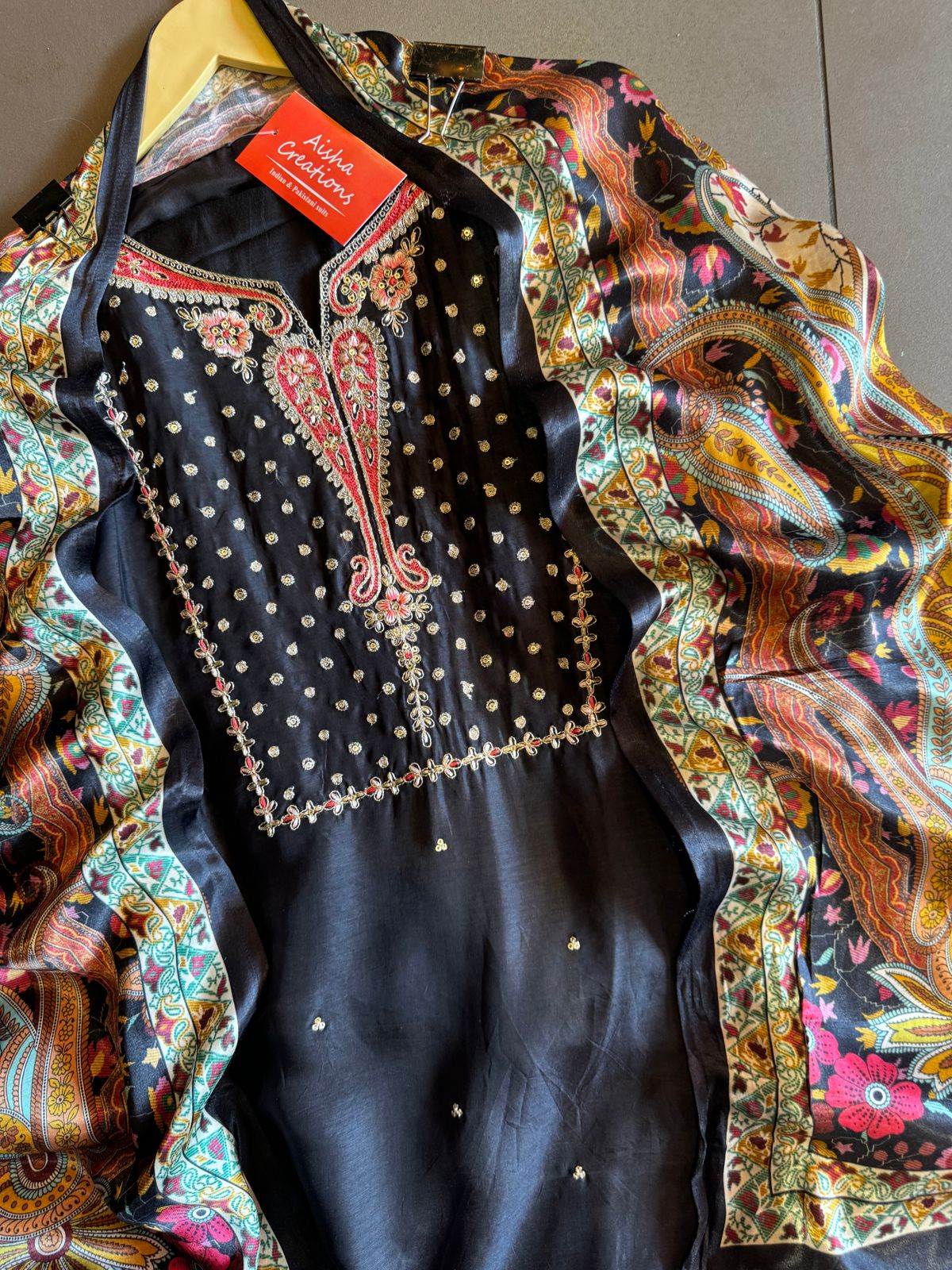 Pure Russian Silk Unstitched Shirt with very pretty Neckwork (Made with zari and dori work)