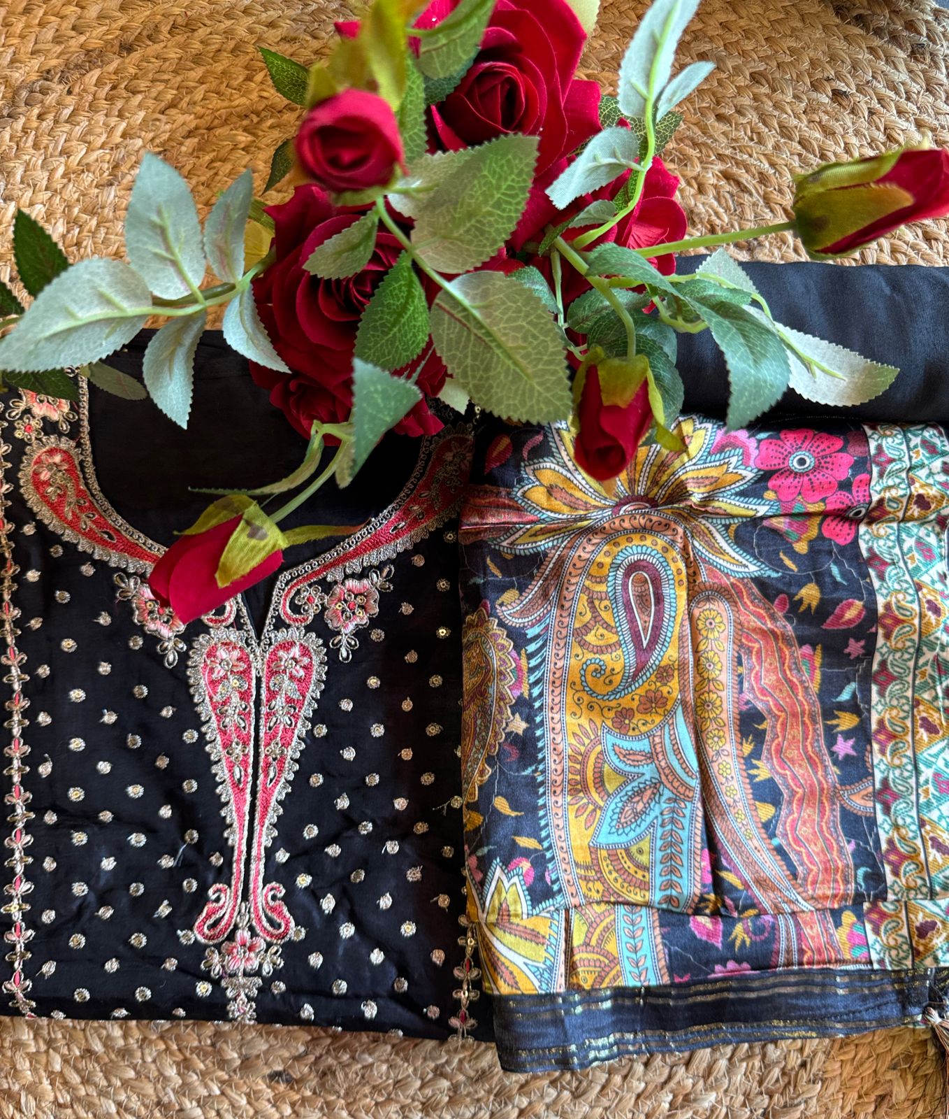 Pure Russian Silk Unstitched Shirt with very pretty Neckwork (Made with zari and dori work)