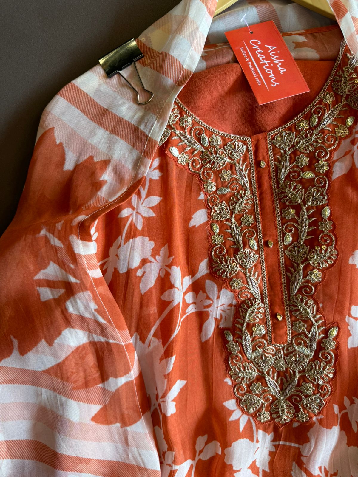 Digital floral printed organza Shirt with dabka and Dori work Patch attached on the neckline