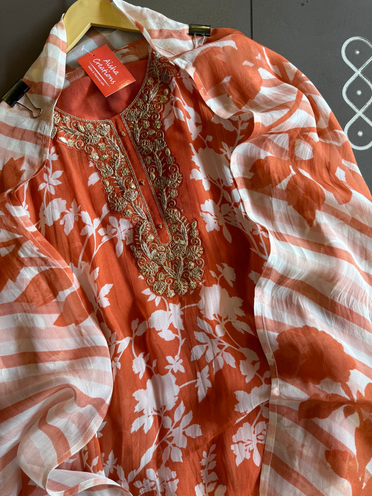 Digital floral printed organza Shirt with dabka and Dori work Patch attached on the neckline