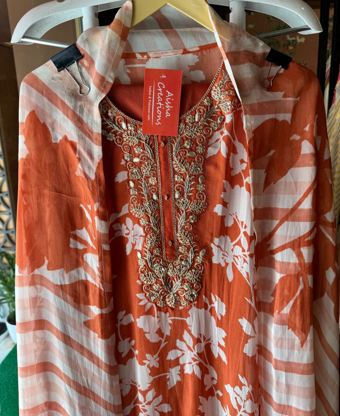 Digital floral printed organza Shirt with dabka and Dori work Patch attached on the neckline