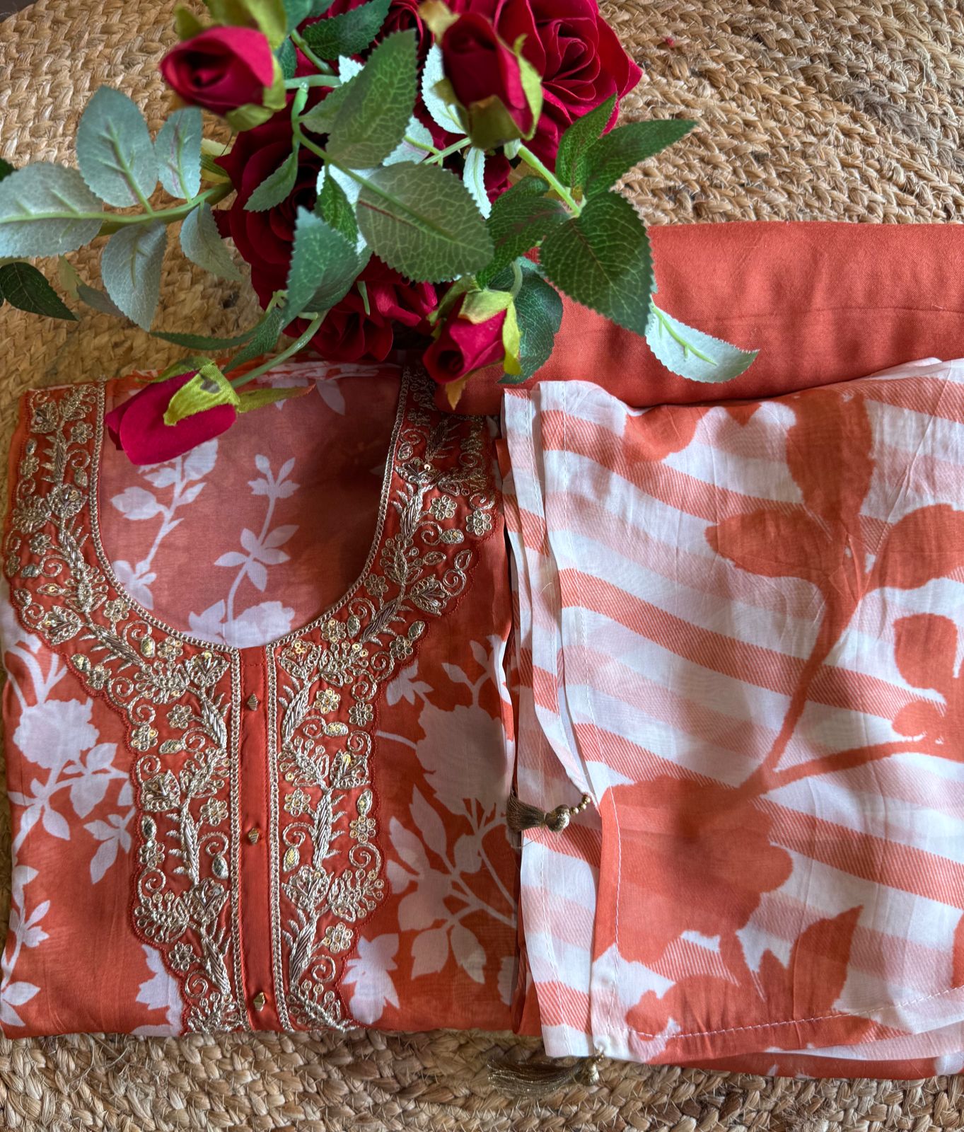 Digital floral printed organza Shirt with dabka and Dori work Patch attached on the neckline