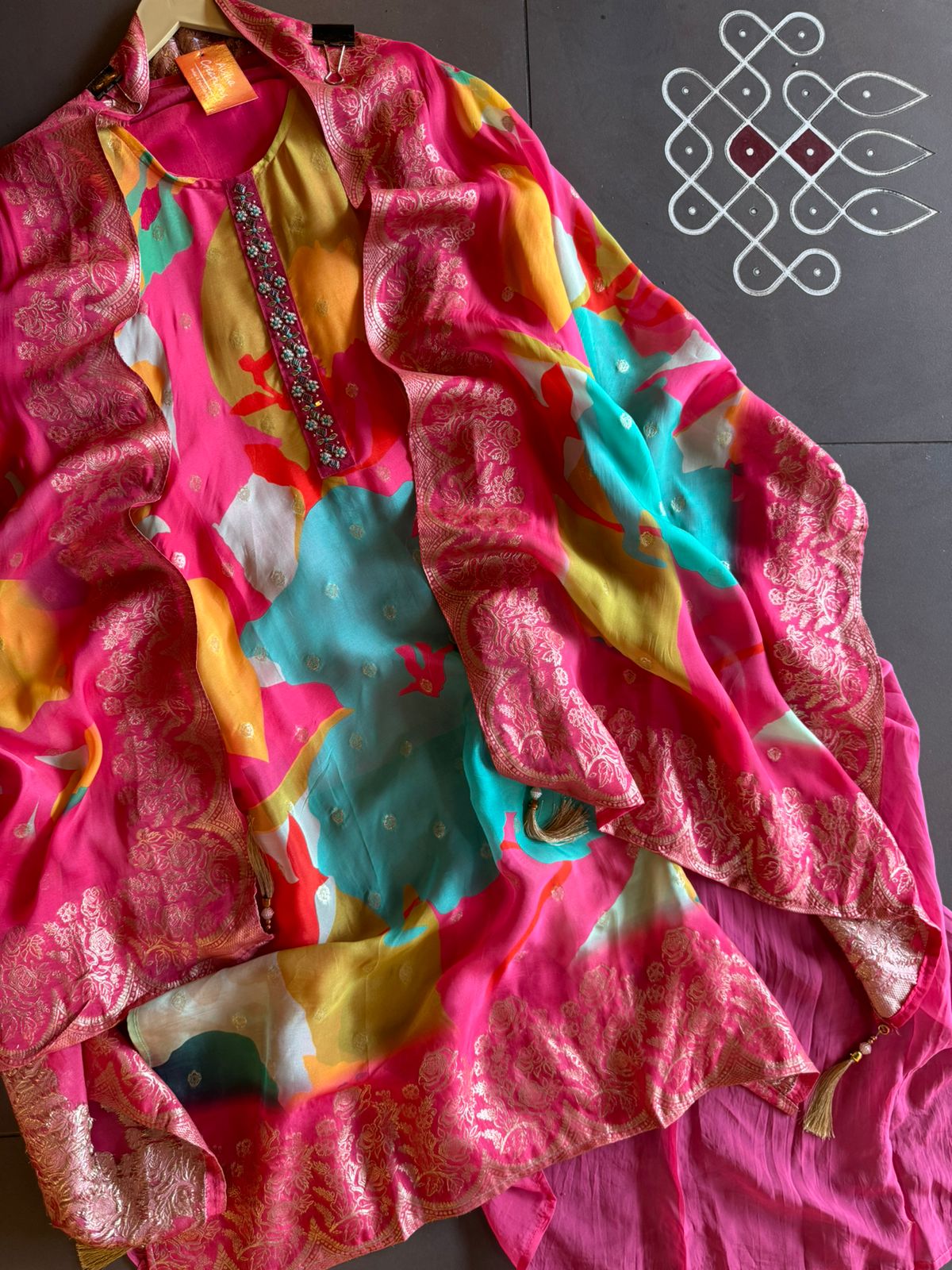 Digital printed organza shirt (Multi coloured) Concept with neck Patti with Hand embroidery