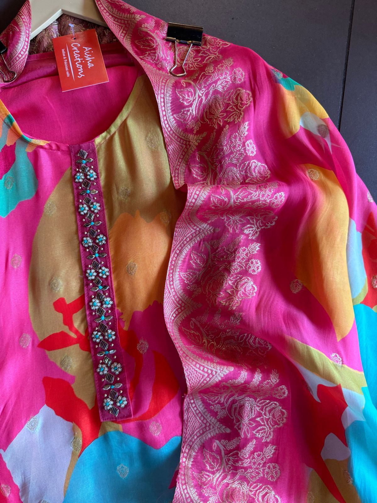 Digital printed organza shirt (Multi coloured) Concept with neck Patti with Hand embroidery