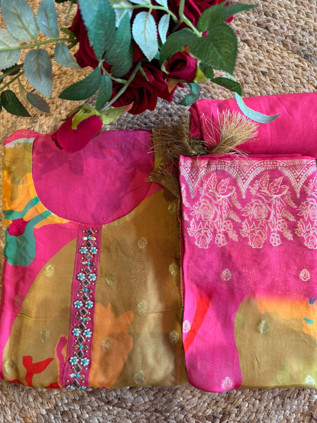 Digital printed organza shirt (Multi coloured) Concept with neck Patti with Hand embroidery