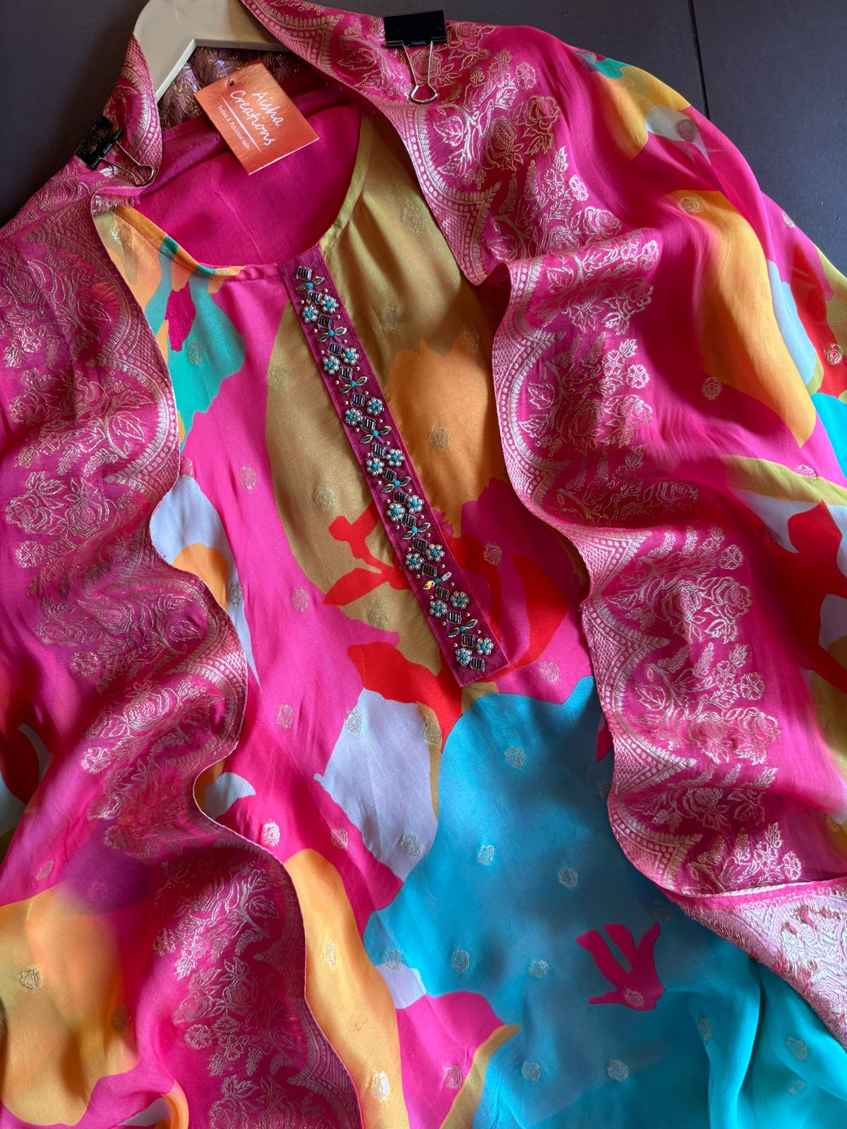 Digital printed organza shirt (Multi coloured) Concept with neck Patti with Hand embroidery