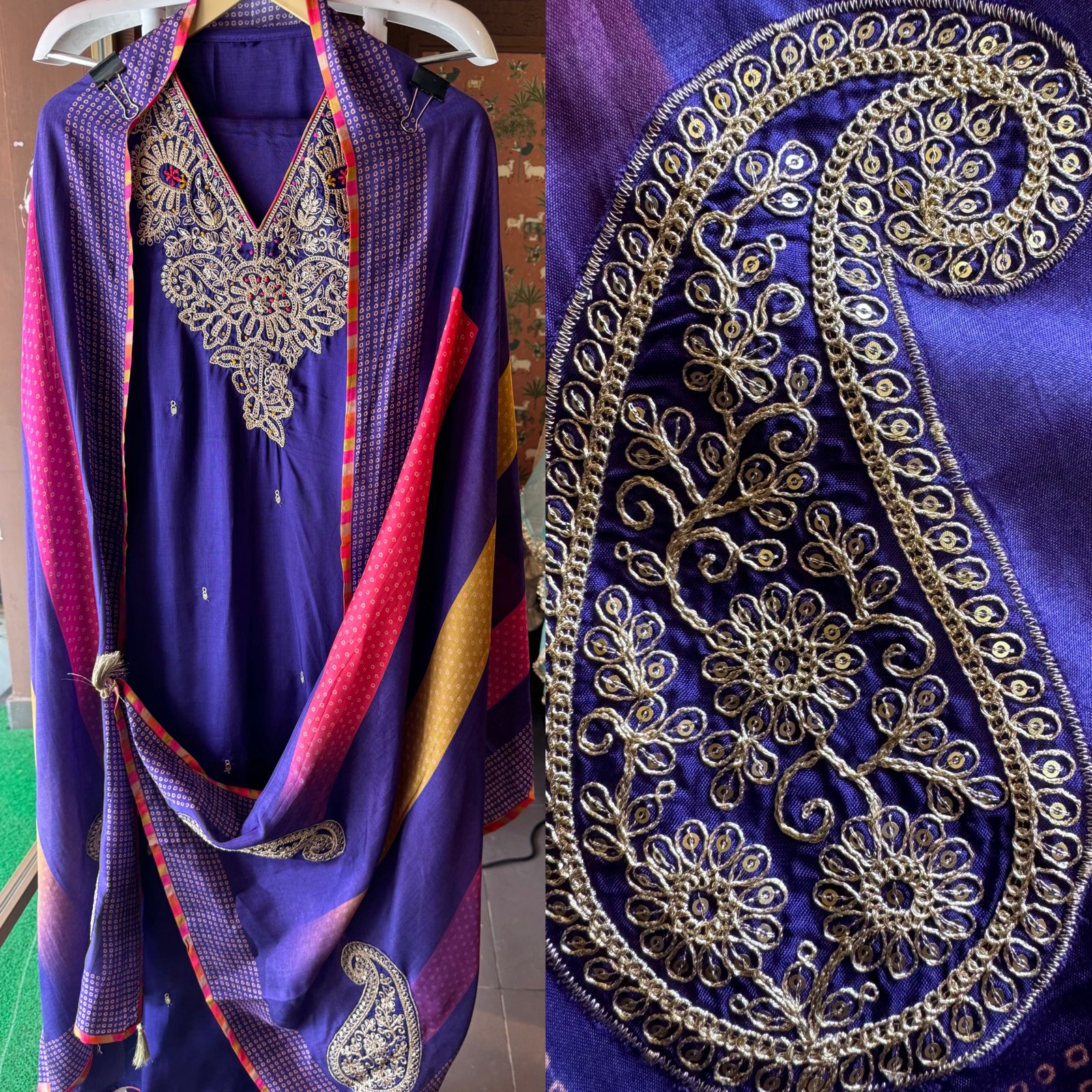 Beautiful Piece on Pure silk with heavily embroidered Neckline (Made with gold zari and dori)