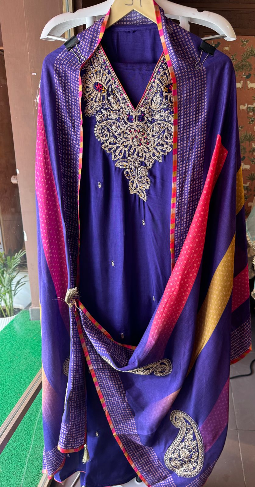 Beautiful Piece on Pure silk with heavily embroidered Neckline (Made with gold zari and dori)