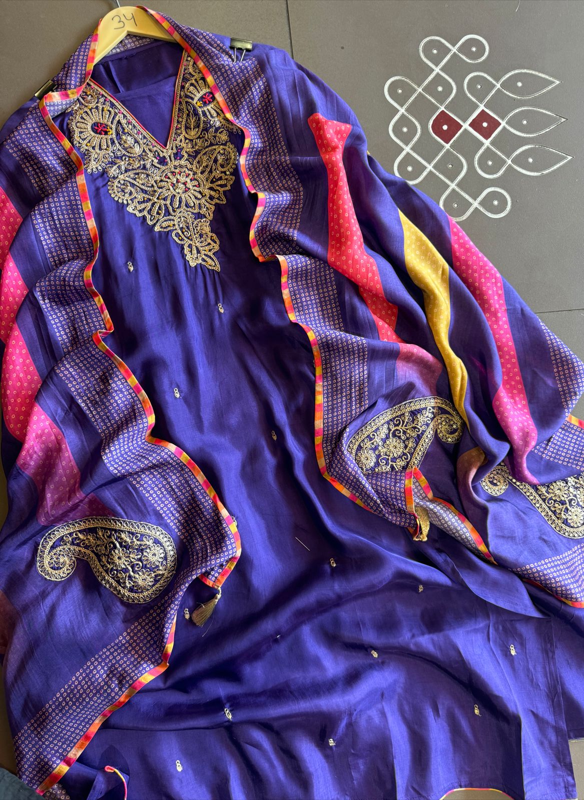 Beautiful Piece on Pure silk with heavily embroidered Neckline (Made with gold zari and dori)