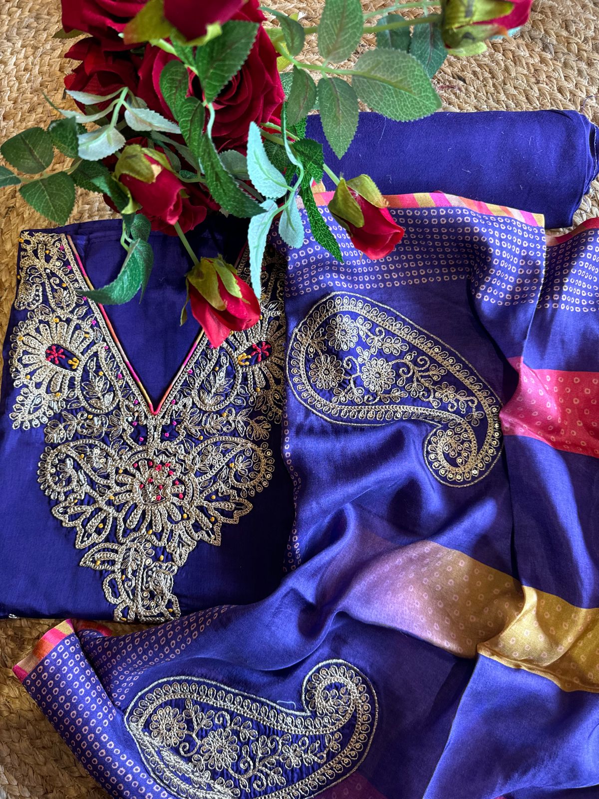 Beautiful Piece on Pure silk with heavily embroidered Neckline (Made with gold zari and dori)