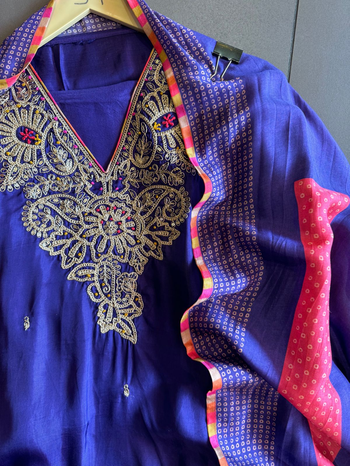 Beautiful Piece on Pure silk with heavily embroidered Neckline (Made with gold zari and dori)