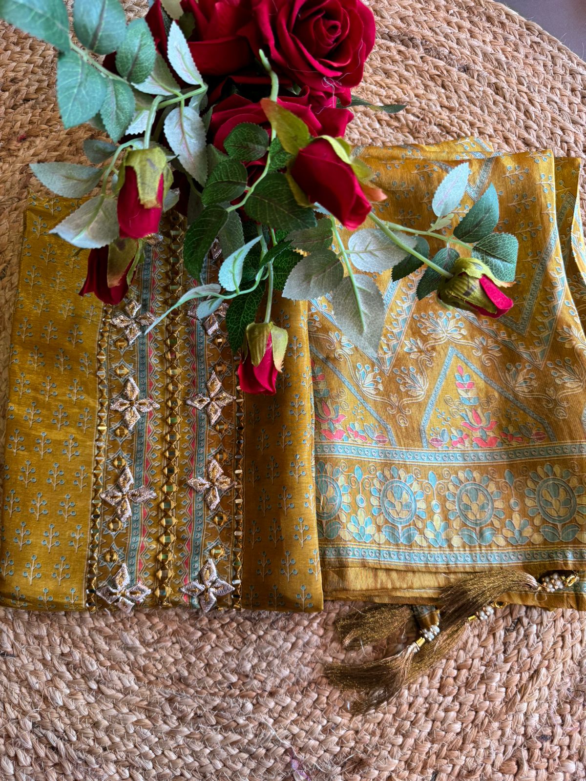 Pure shimmer tissue Digital printer concept , Very classy with sabyasachi inspired print overall the shirt front and back