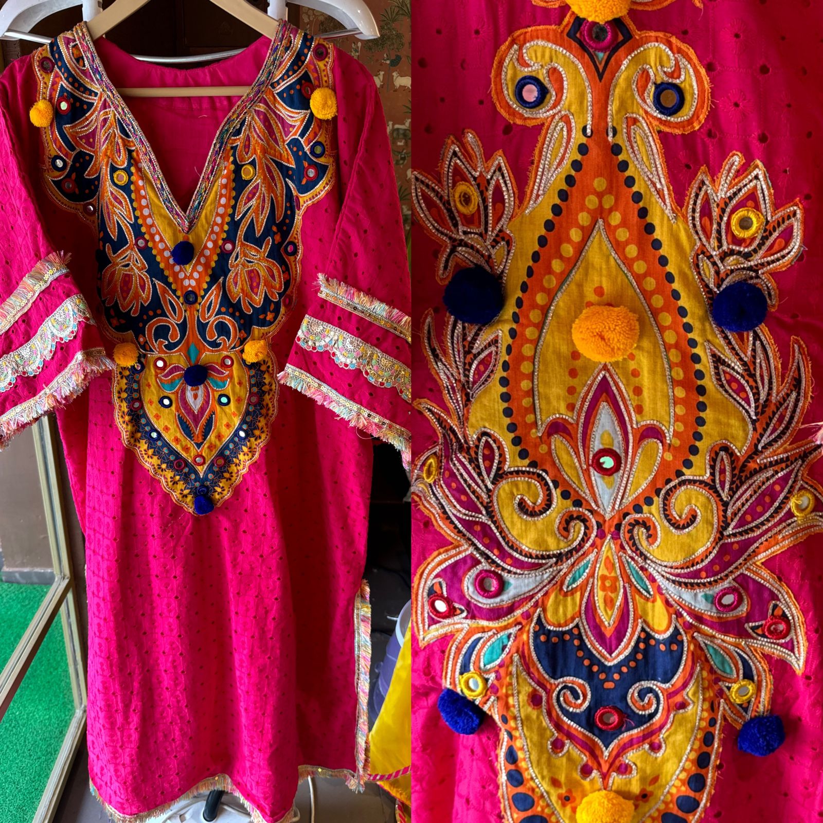 Beautiful Hakuba chicken tunic Looser fit with Gorgeous Mughal paisley print patch on the neckline with Pom Pom’s attached