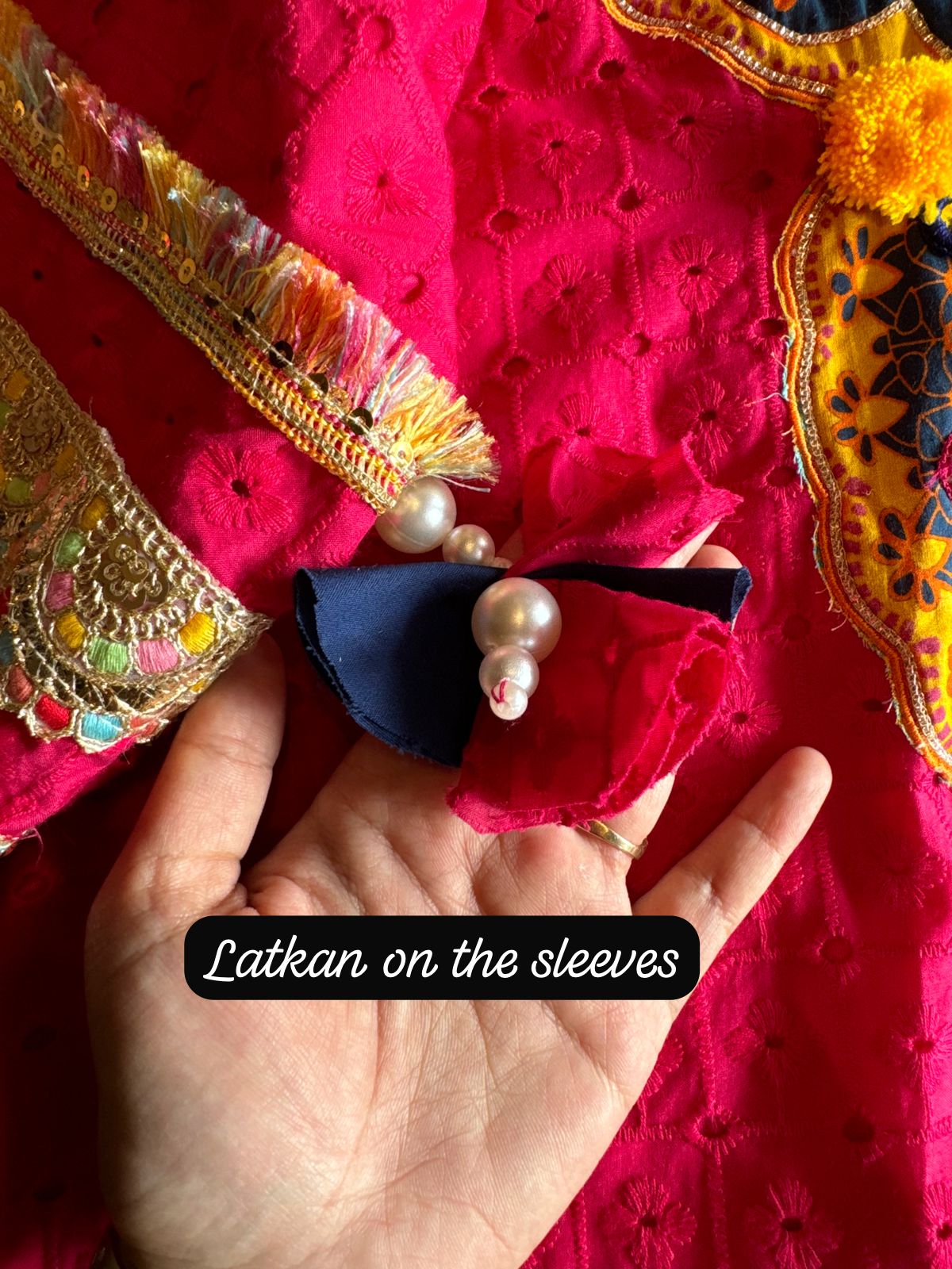 Beautiful Hakuba chicken tunic Looser fit with Gorgeous Mughal paisley print patch on the neckline with Pom Pom’s attached