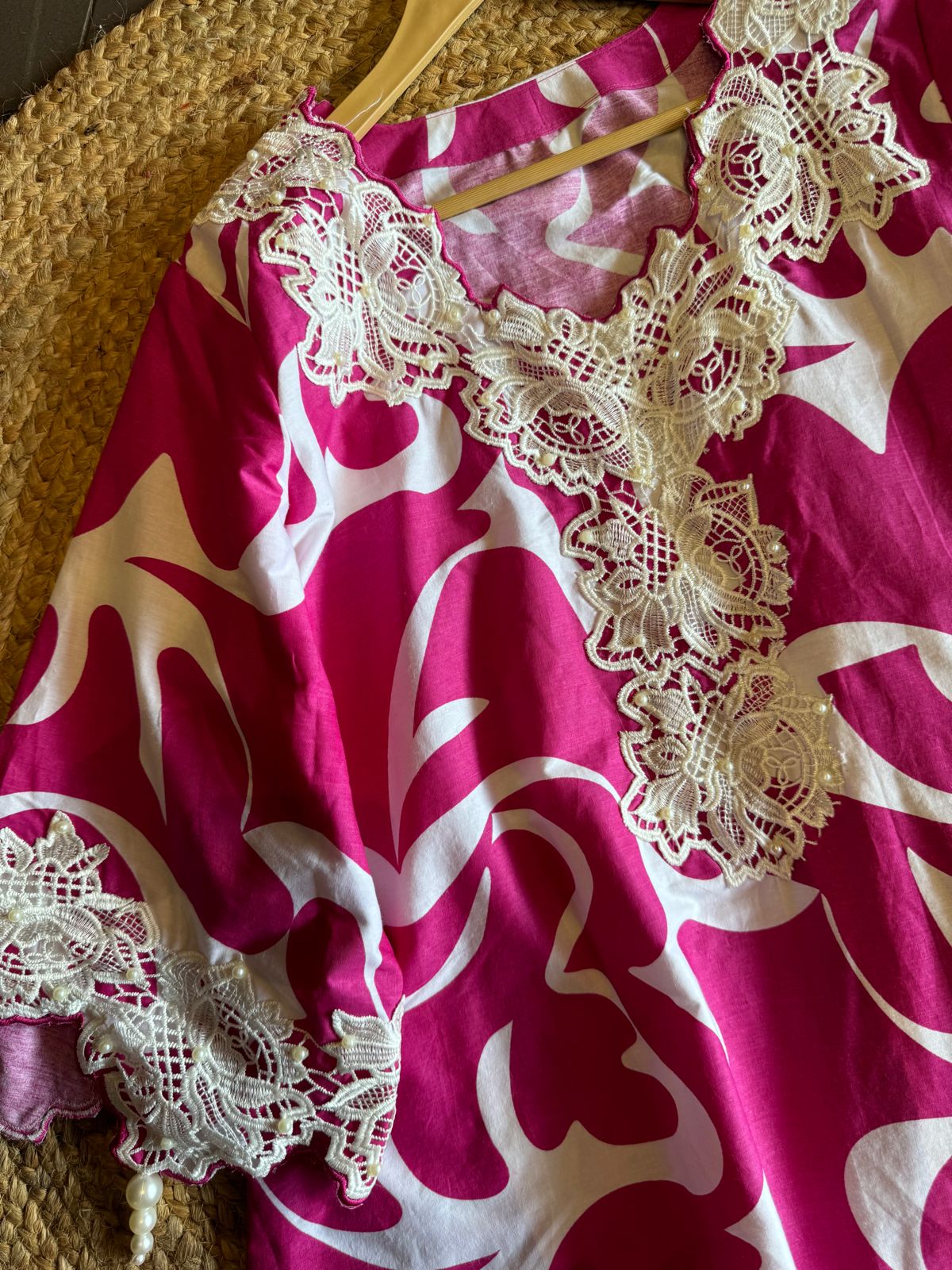 Pure cotton printed Kurta , Looser and A Pattern with beautiful Cutwork cotton crochia lacework done on the neckline, Sleeves and ghera of the shirt with pearl latkans attached.