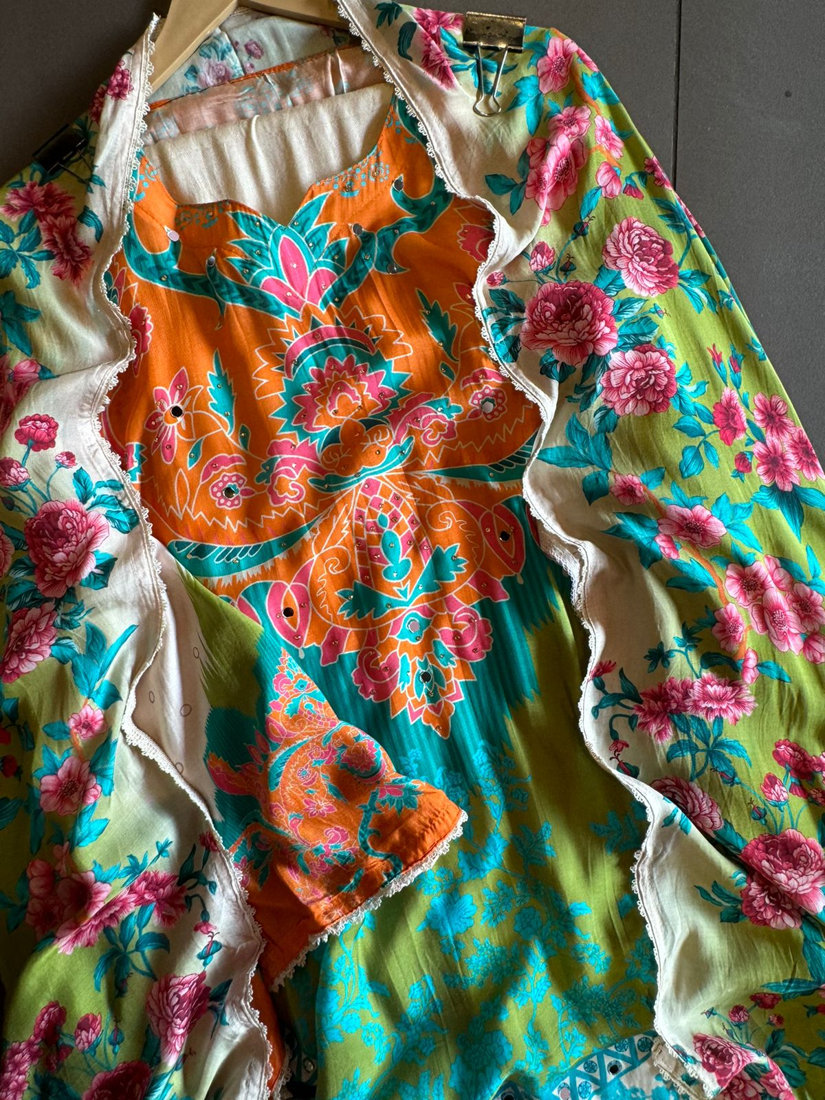 Shop our new Muslin Digital printed Pakistani suit semi stitched with mirror and Swarovski highlighting on the shirt front