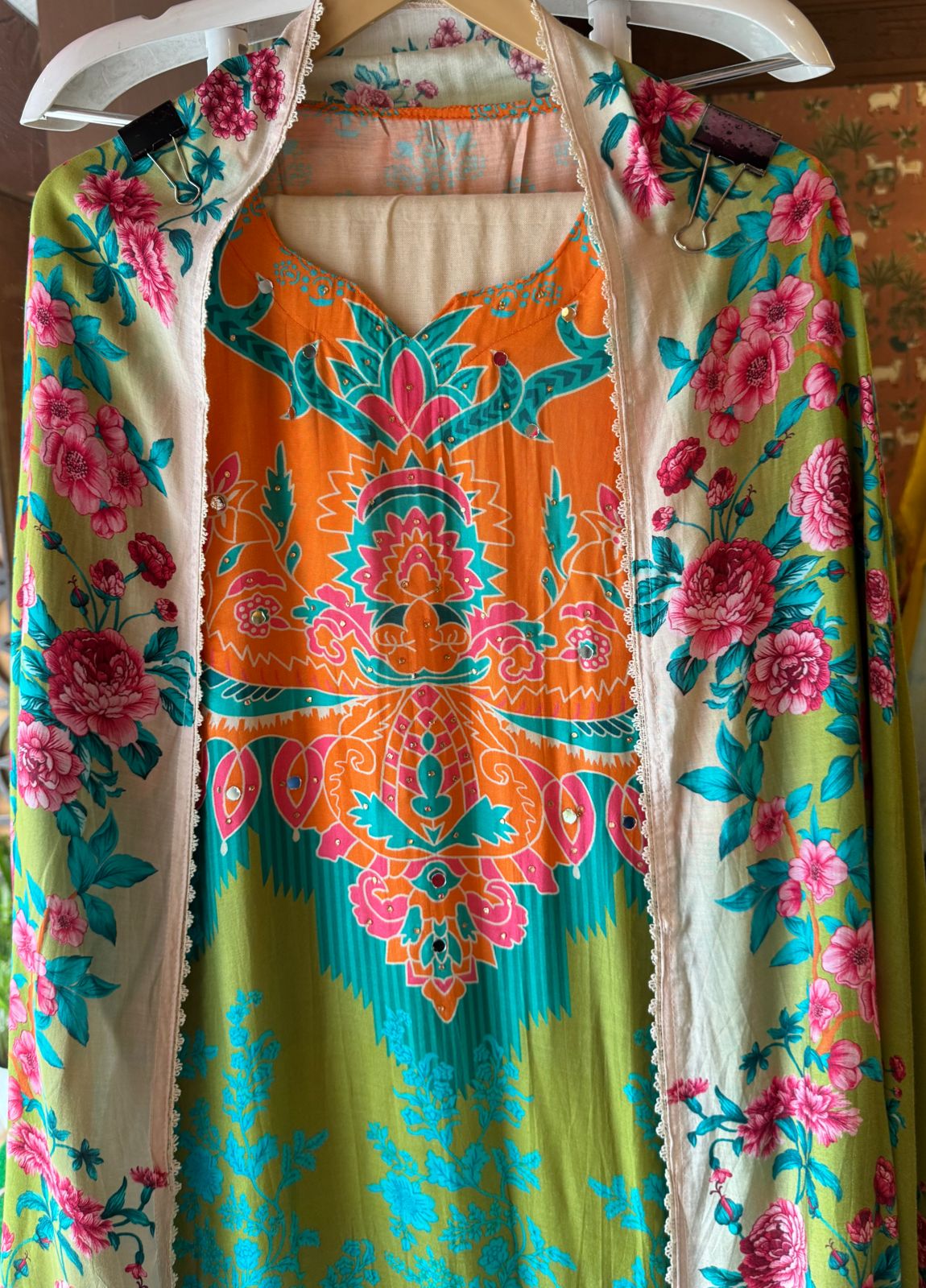 Shop our new Muslin Digital printed Pakistani suit semi stitched with mirror and Swarovski highlighting on the shirt front