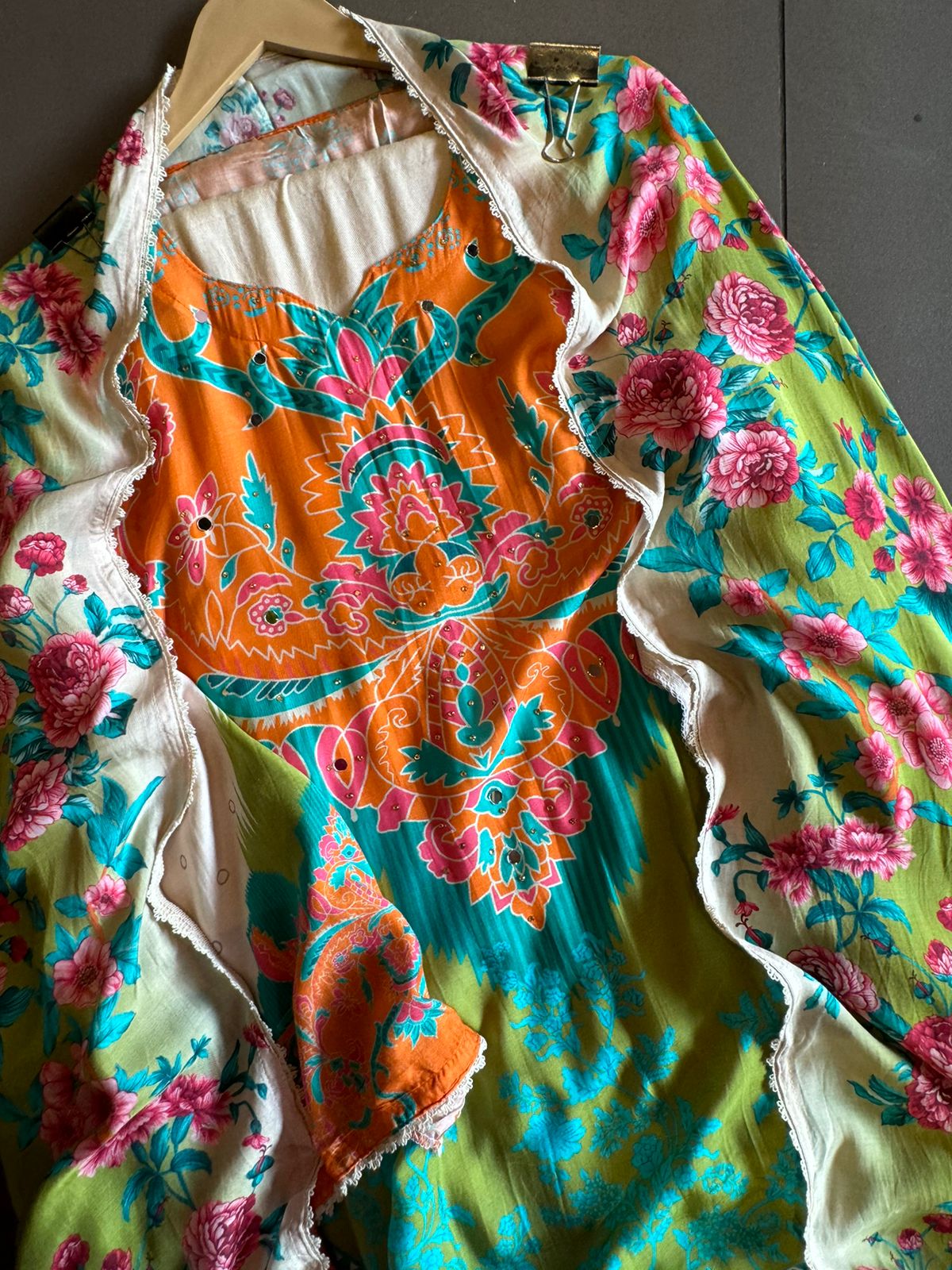 Shop our new Muslin Digital printed Pakistani suit semi stitched with mirror and Swarovski highlighting on the shirt front