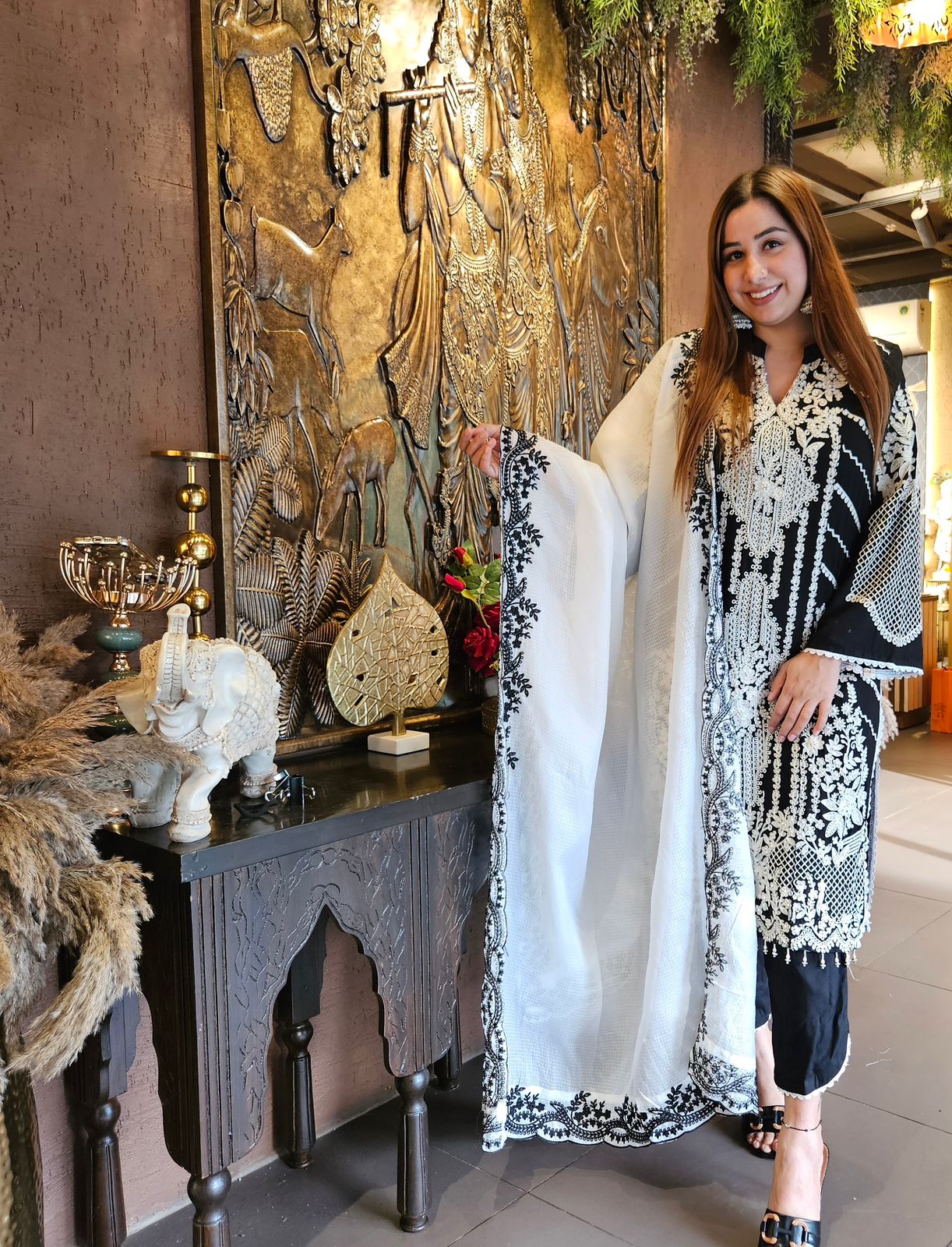 Soft cotton Thread embroidered Shirt front With beads detailings on the shirt