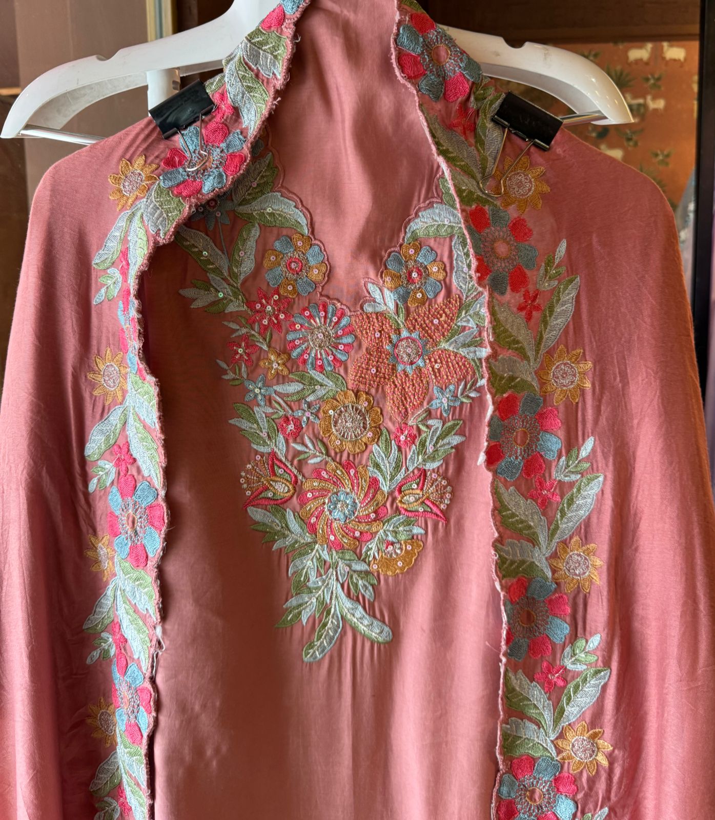 Pure jam cotton Unstitched full size shirt with thread embroidered neckline with sequence highlighting