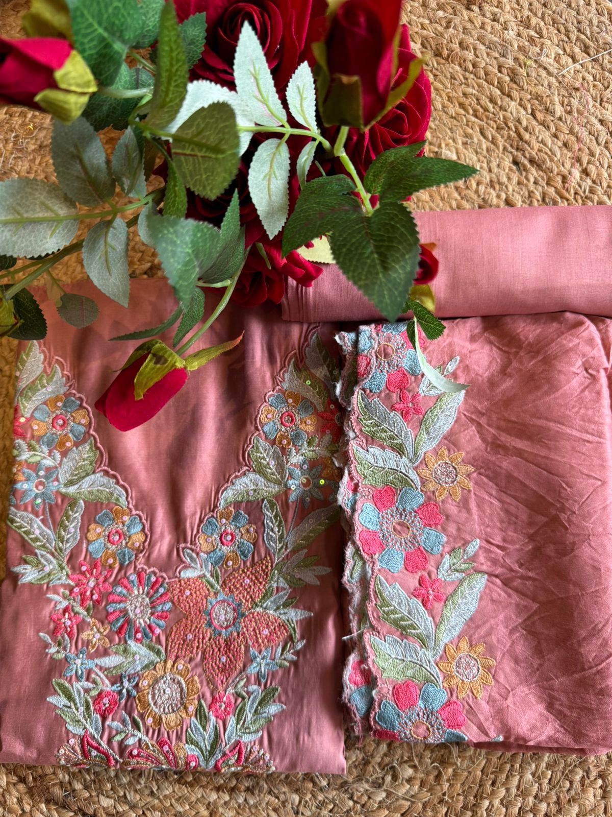 Pure jam cotton Unstitched full size shirt with thread embroidered neckline with sequence highlighting