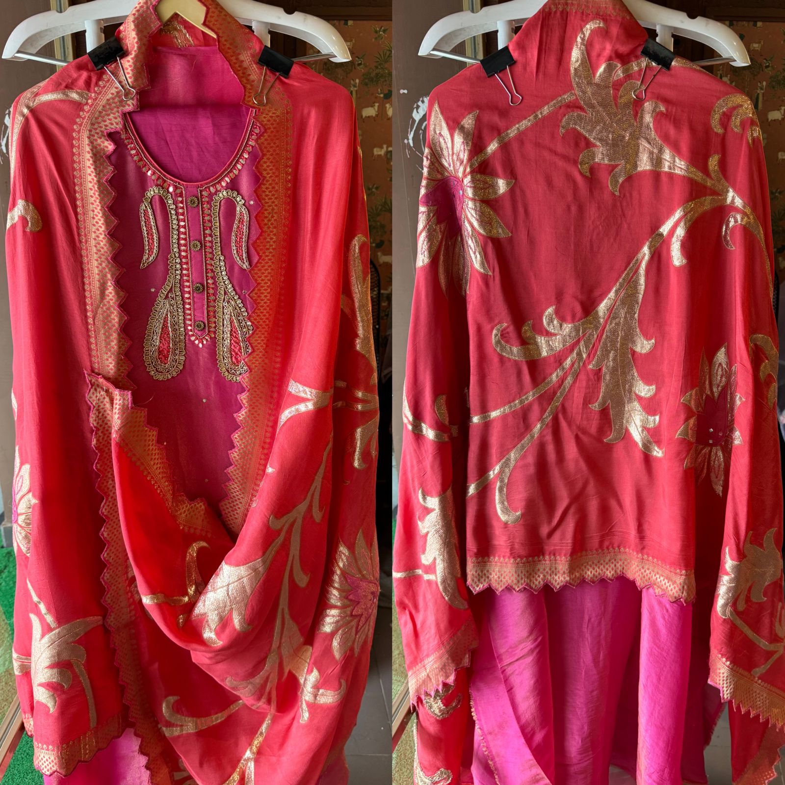 Pure Shimmer tissue Unstitched Shirt with Moti work on the neckline with thread and gotta patti detailings as well.