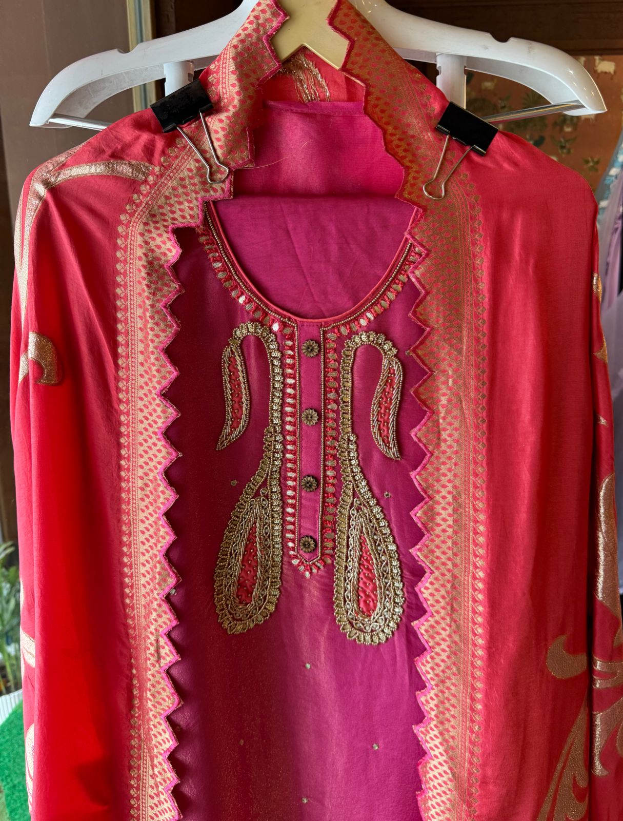 Pure Shimmer tissue Unstitched Shirt with Moti work on the neckline with thread and gotta patti detailings as well.