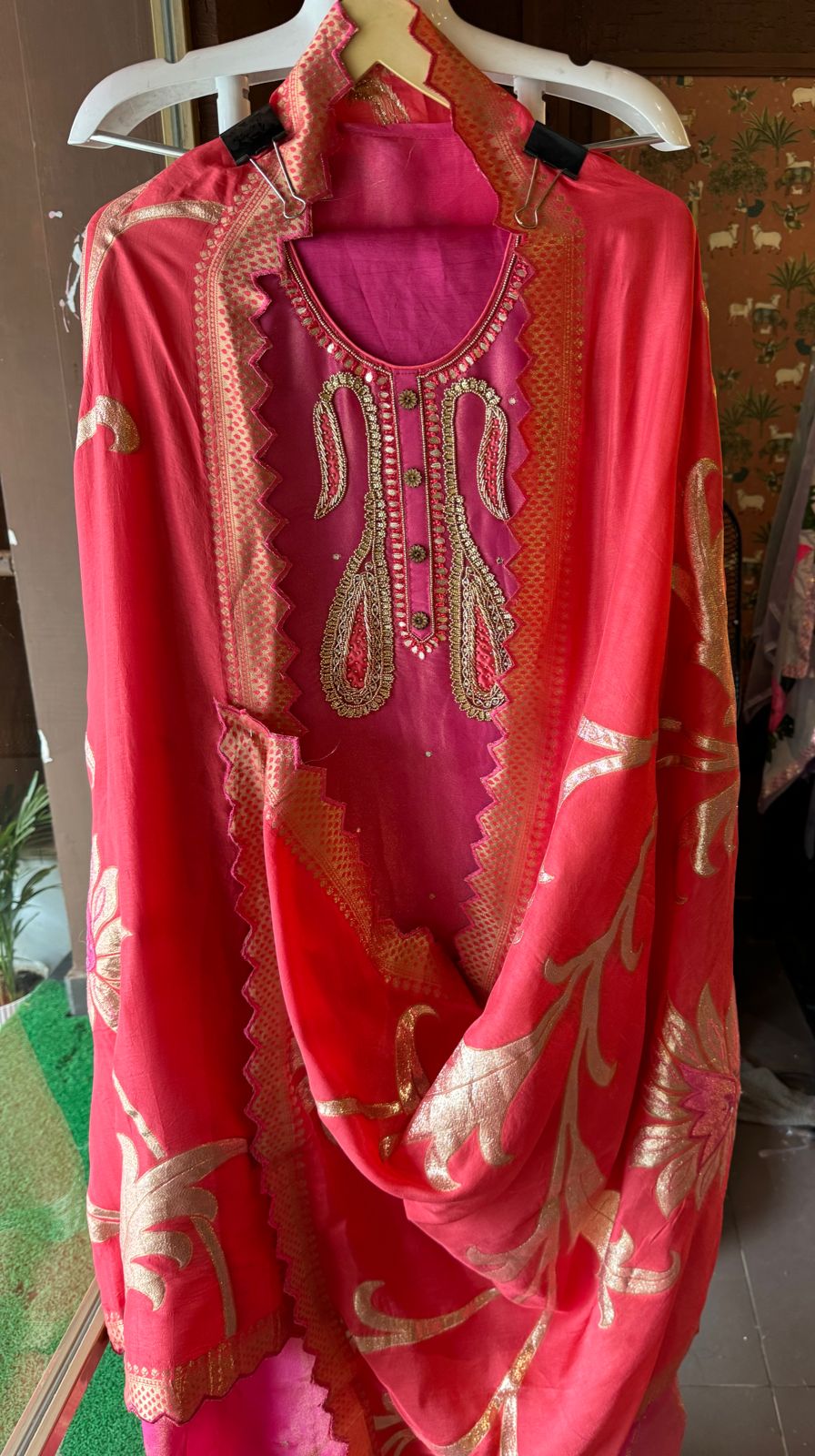 Pure Shimmer tissue Unstitched Shirt with Moti work on the neckline with thread and gotta patti detailings as well.