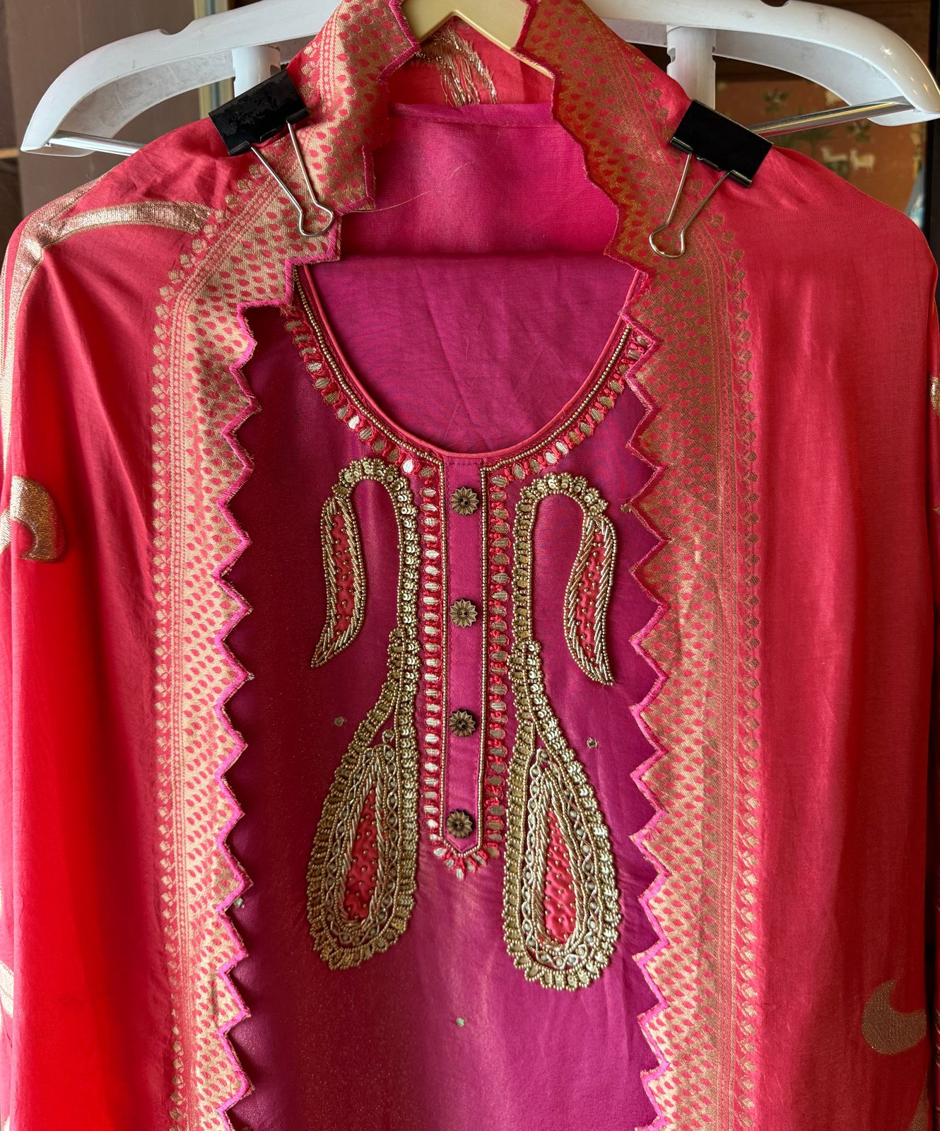 Pure Shimmer tissue Unstitched Shirt with Moti work on the neckline with thread and gotta patti detailings as well.