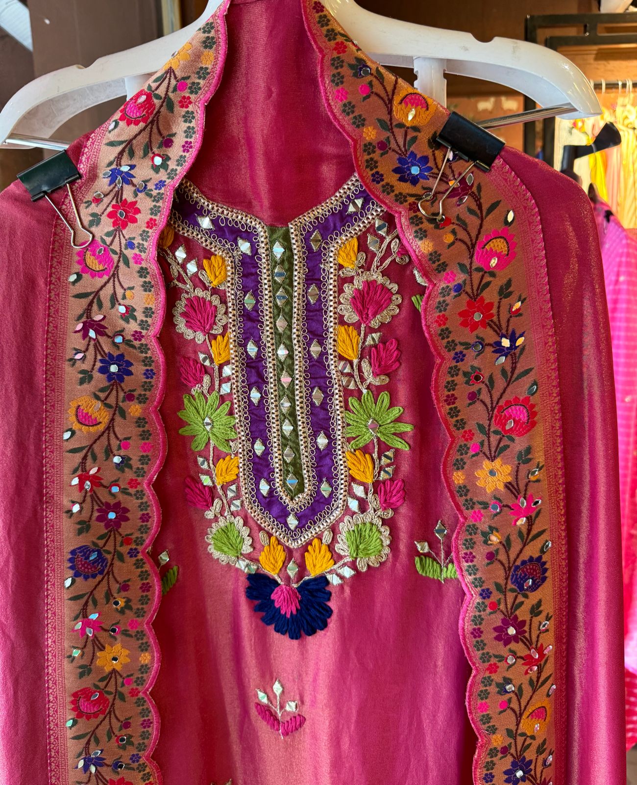 Beautiful shimmer tissue Unstitched Full size shirt with multi Coloured thread embroidery done with the neckline and ghera with Moti lace attached on the ghera.