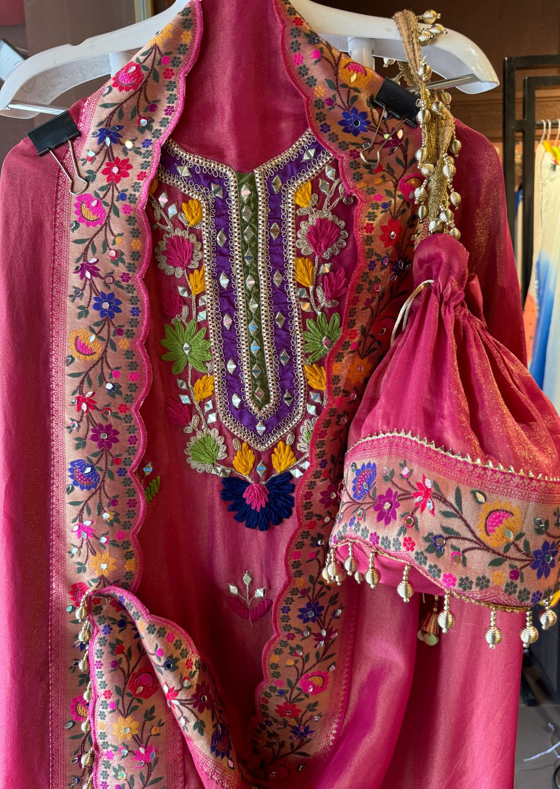 Beautiful shimmer tissue Unstitched Full size shirt with multi Coloured thread embroidery done with the neckline and ghera with Moti lace attached on the ghera.