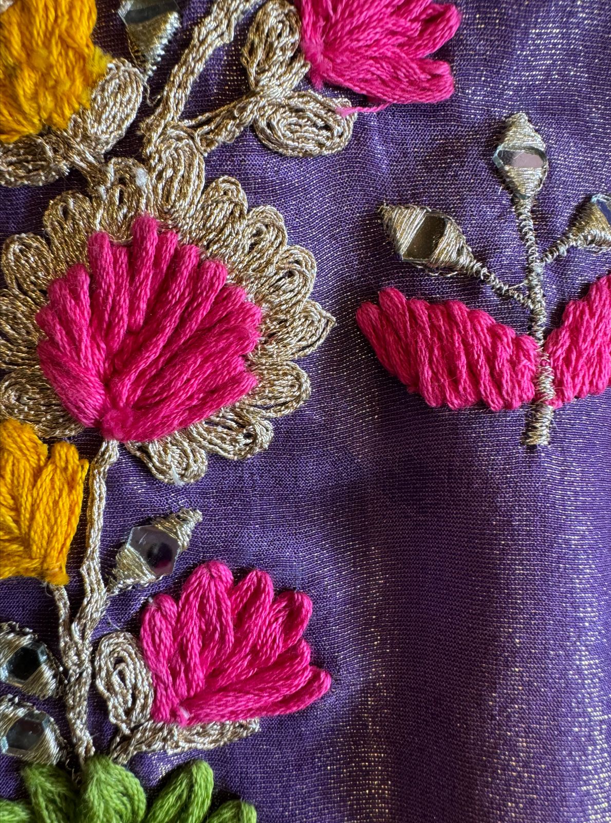 Beautiful shimmer tissue Unstitched Full size shirt with multi Coloured thread embroidery done with the neckline and ghera with Moti lace attached on the ghera.